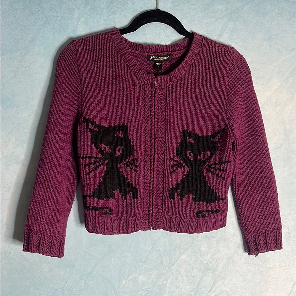Vintage Betsey Johnson Purple Cat Knit Cardigan Sweater